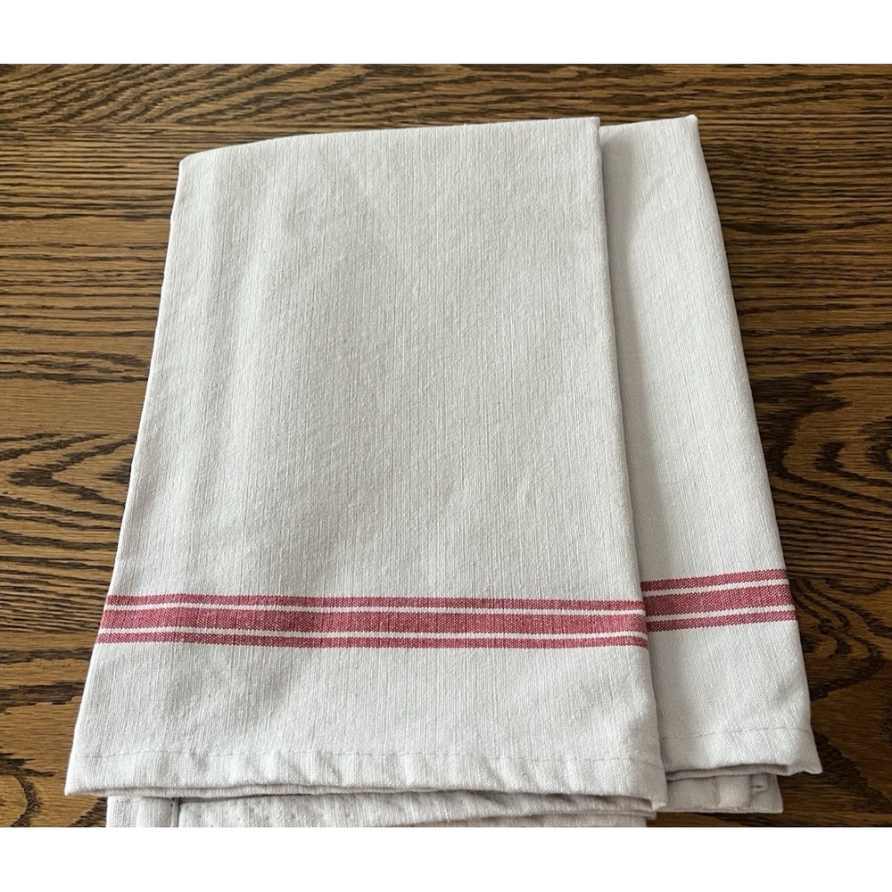 2 Redecker Kitchen Tea Hand Towels Heavy Cotton White Red Stripes 28.5 x 22.5